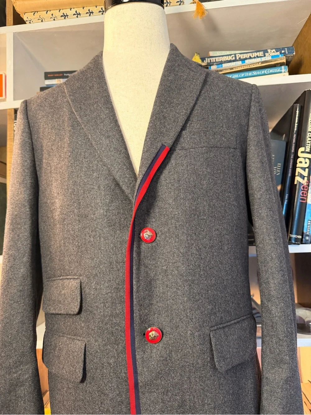 Gray Men's Wool Blazer with Red Trim